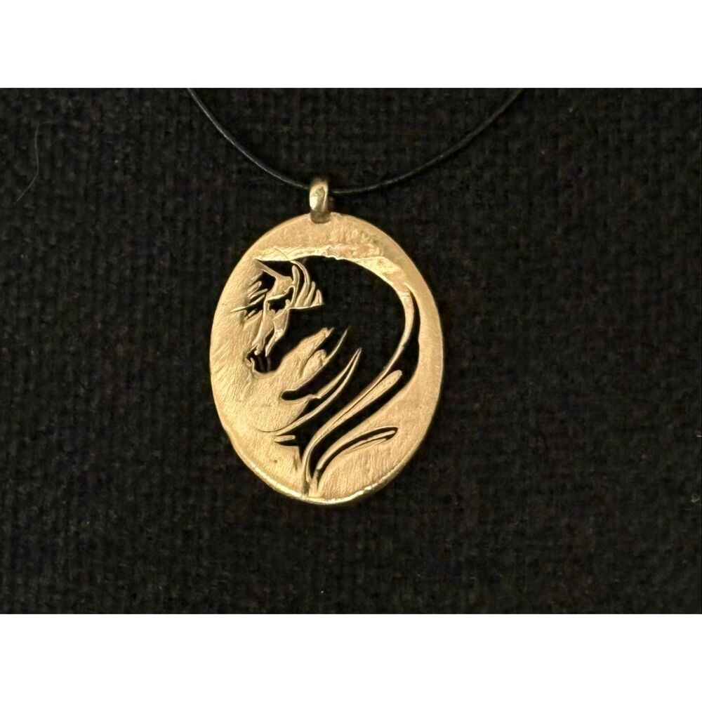 Golden Brass Horse Pendant Necklace, NEW, Handmade, Leather Cord 22”